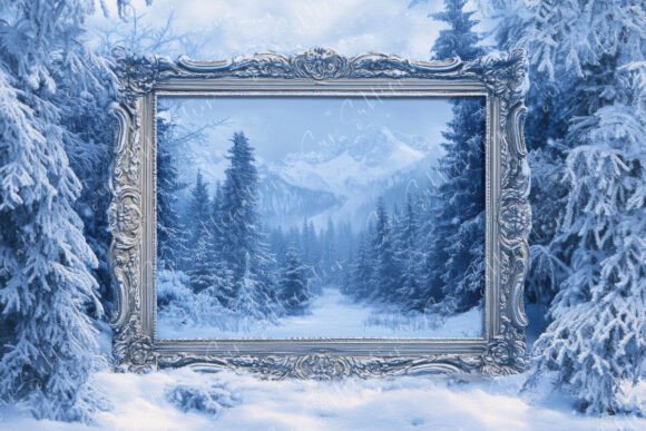 Decorative Frame Stands Amidst Snowy Landscapes: A Digital Asset for Winter Serenity